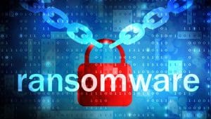 A red lock and chain with the word ransomware on it.
