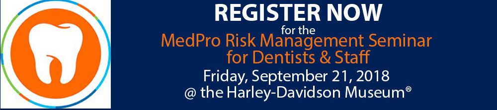 A blue and white graphic with the words register for the npro risk management for dentists.