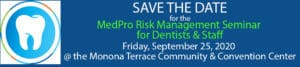 A blue background with green text that says save the date for the npro risk management for dentistry event.