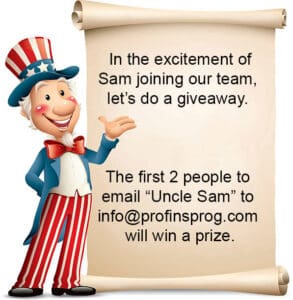 A cartoon of uncle sam holding a sign with the text " in the excitement of sam joining our team, let 's do a giveaway ".