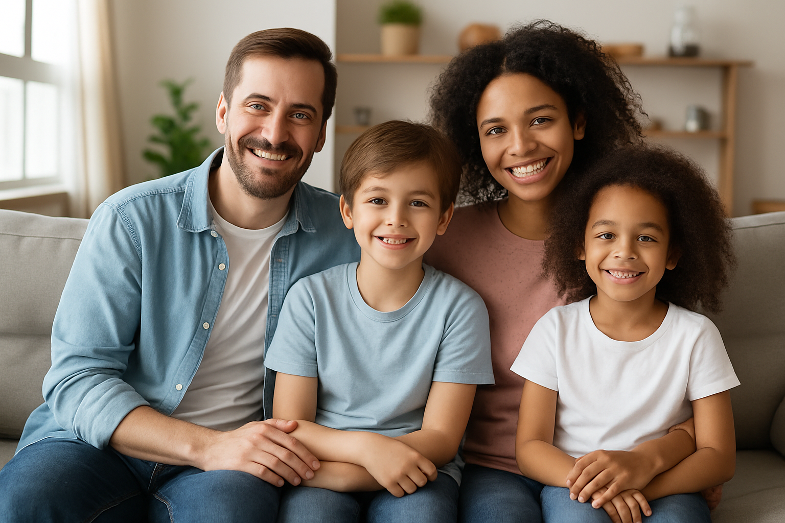 Family smiling together at home